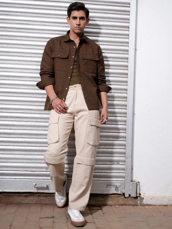 Locomotive Men Brown Textured Oversized Fit Casual Shirt