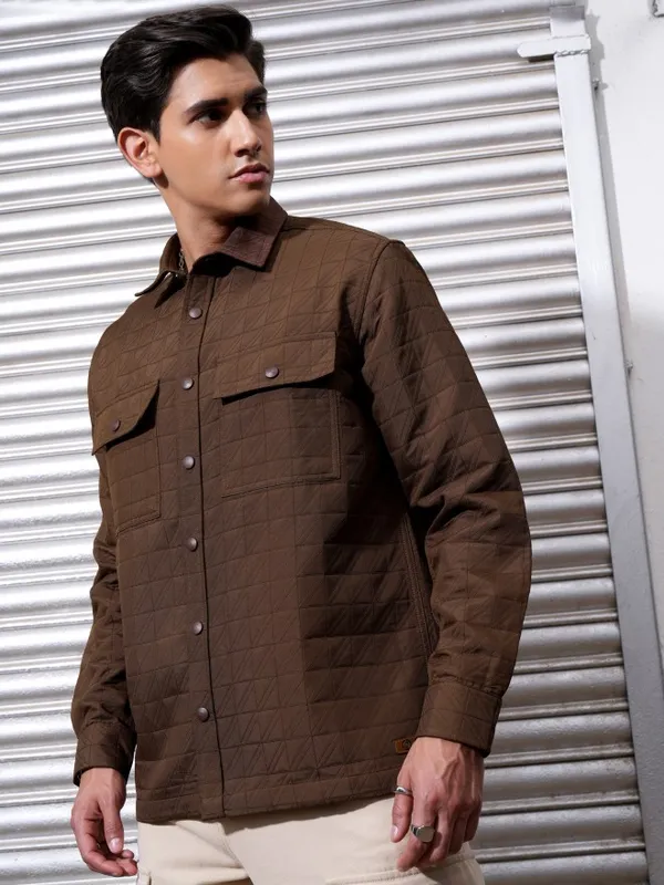 Locomotive Men Brown Textured Oversized Fit Casual Shirt