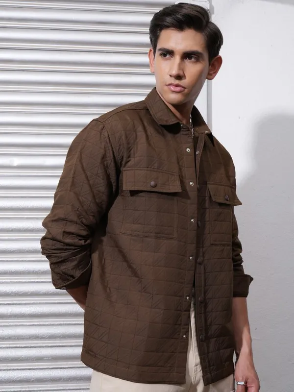 Locomotive Men Brown Textured Oversized Fit Casual Shirt