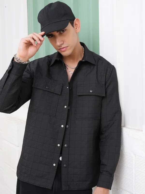 Locomotive Men Black Textured Oversized Fit Casual Shirt