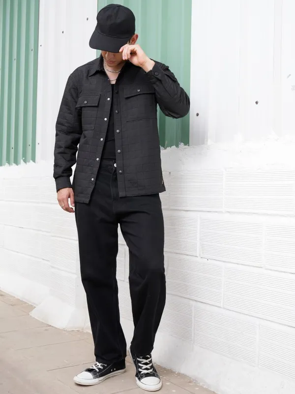 Locomotive Men Black Textured Oversized Fit Casual Shirt