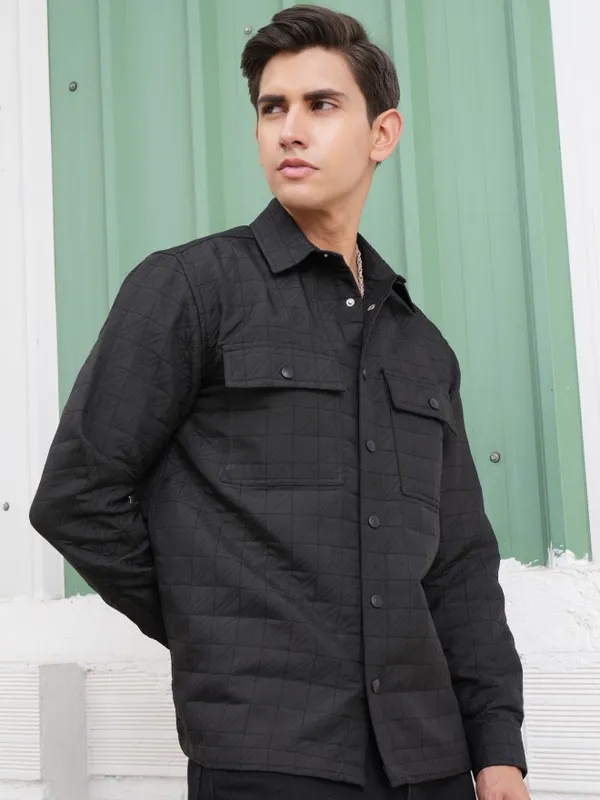 Locomotive Men Black Textured Oversized Fit Casual Shirt