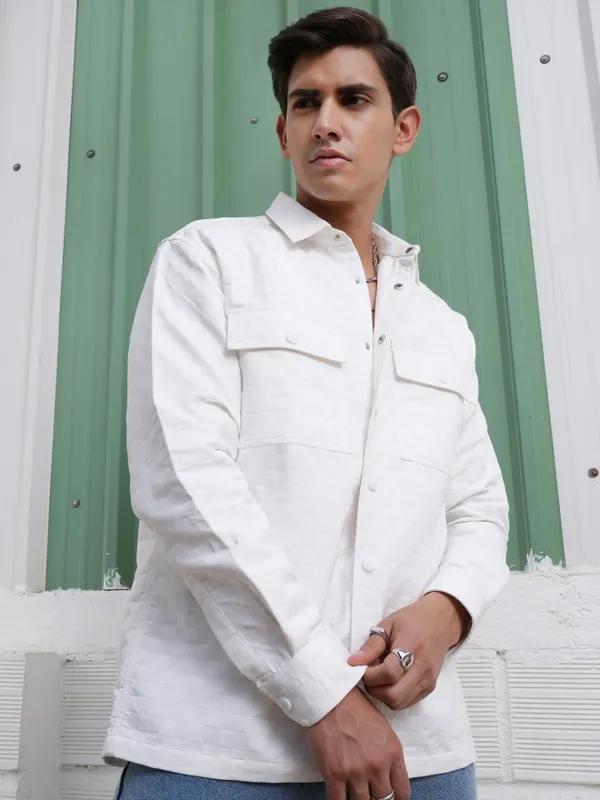 Locomotive Men White Textured Oversized Fit Casual Shirt