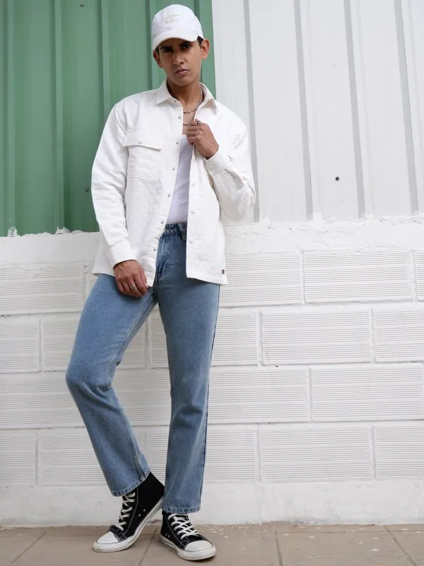 Locomotive Men White Textured Oversized Fit Casual Shirt