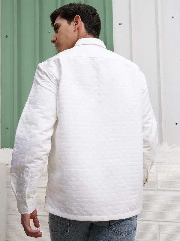 Locomotive Men White Textured Oversized Fit Casual Shirt