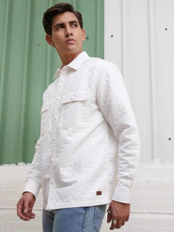 Locomotive Men White Textured Oversized Fit Casual Shirt