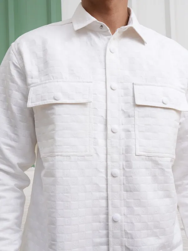 Locomotive Men White Textured Oversized Fit Casual Shirt