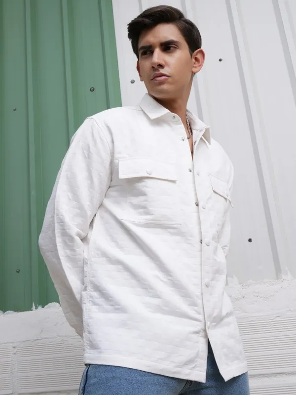 Locomotive Men White Textured Oversized Fit Casual Shirt