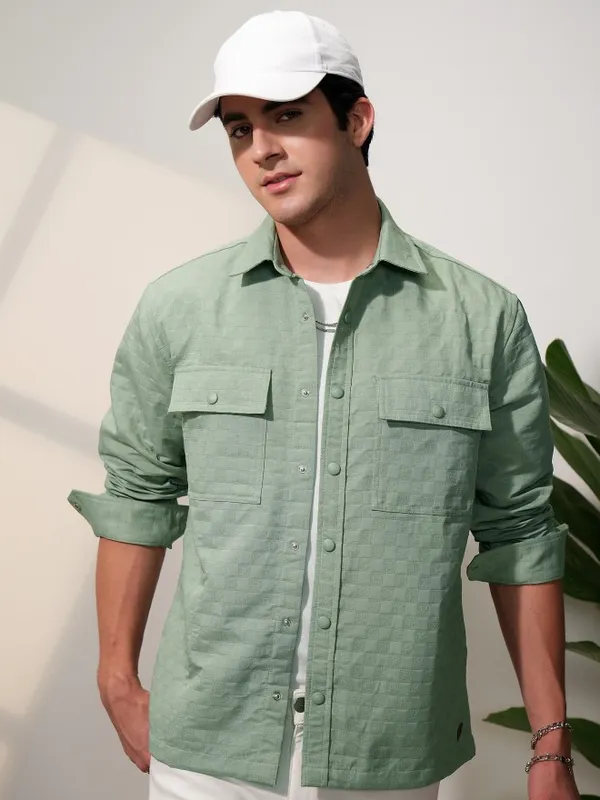  Locomotive Men Olive Self Design Oversized Fit Casual Shirts