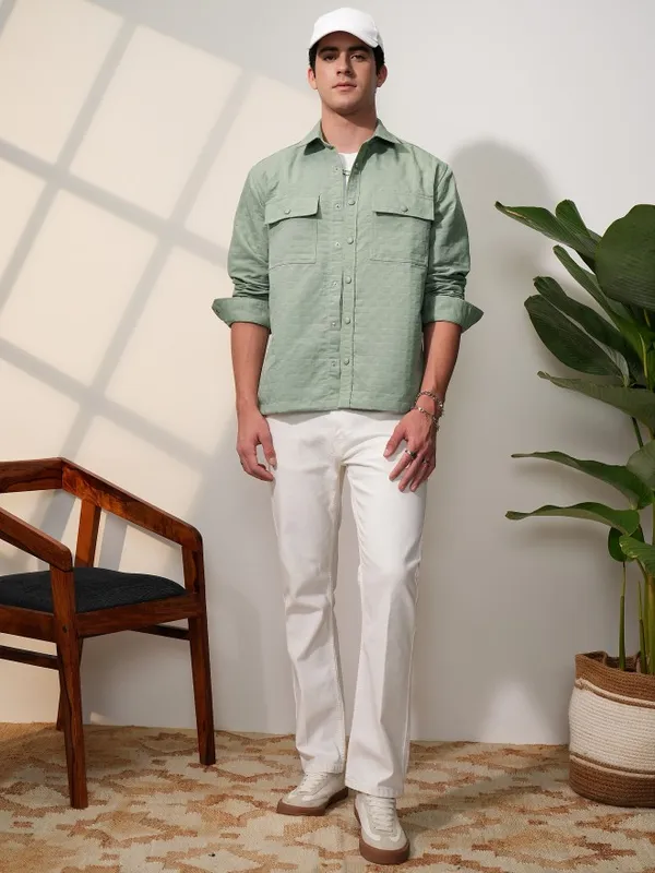  Locomotive Men Olive Self Design Oversized Fit Casual Shirts