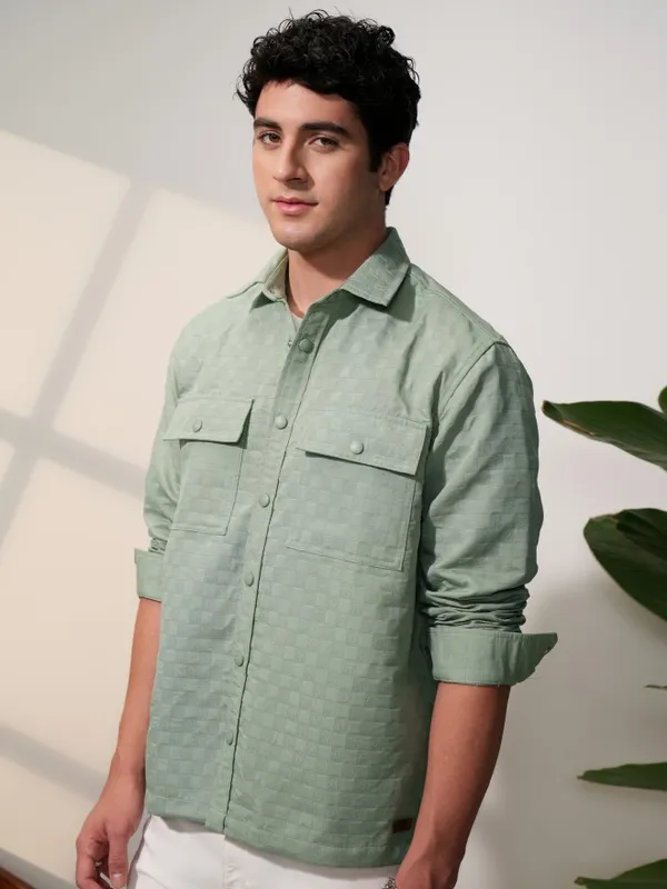  Locomotive Men Olive Self Design Oversized Fit Casual Shirts