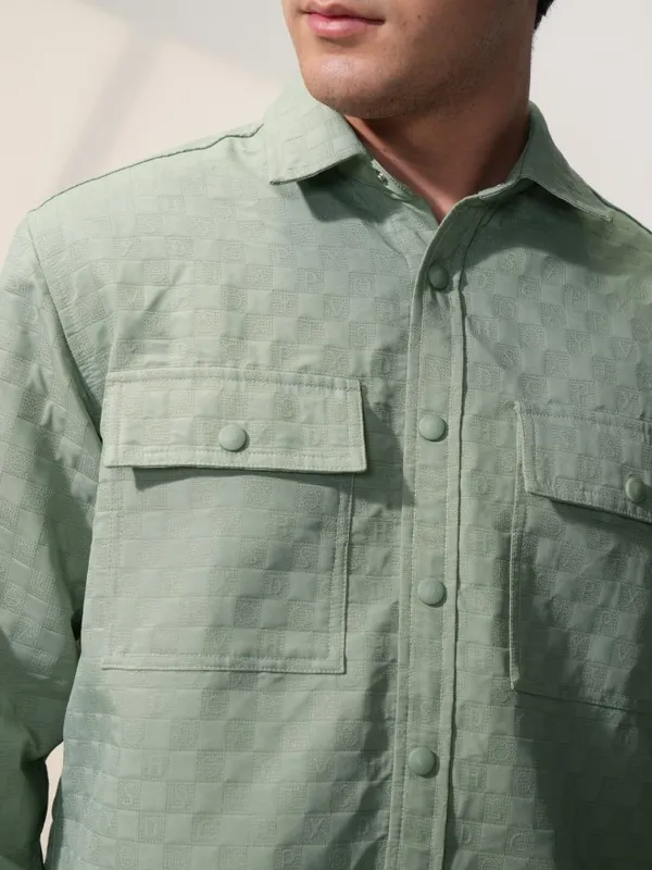  Locomotive Men Olive Self Design Oversized Fit Casual Shirts