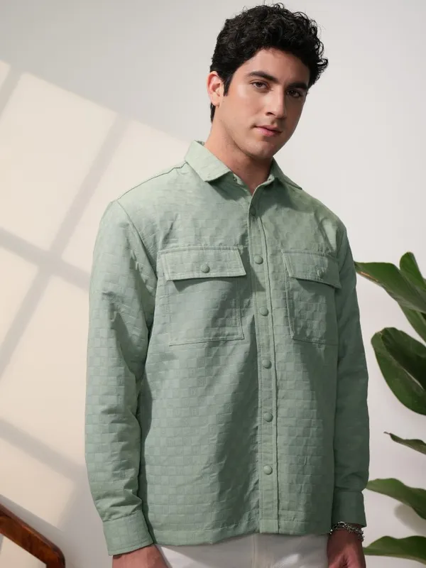 Locomotive Men Olive Self Design Oversized Fit Casual Shirts