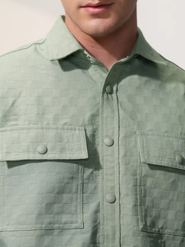  Locomotive Men Olive Self Design Oversized Fit Casual Shirts
