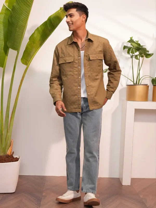 Locomotive Men Khaki Self Design Oversized Fit Casual Shirts