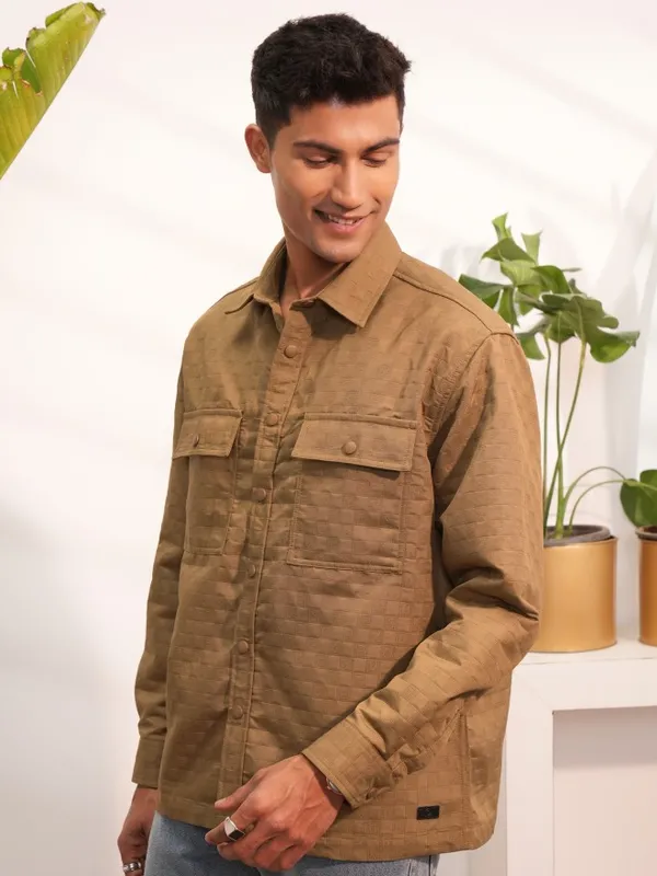  Locomotive Men Khaki Self Design Oversized Fit Casual Shirts