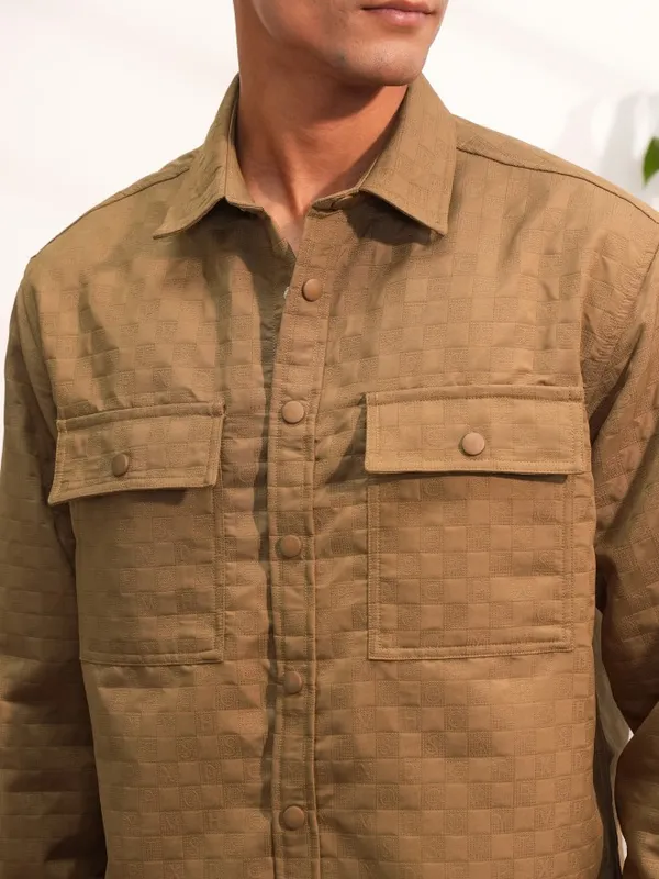  Locomotive Men Khaki Self Design Oversized Fit Casual Shirts