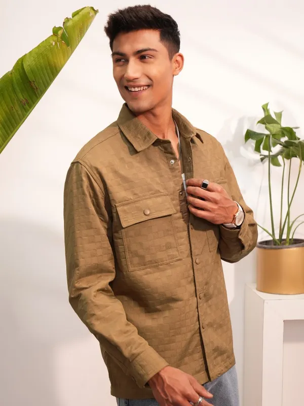  Locomotive Men Khaki Self Design Oversized Fit Casual Shirts