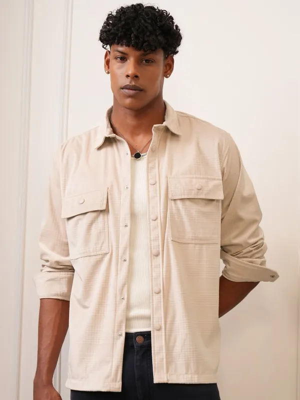  Locomotive Men Beige Checked Oversized Fit Casual Shirts