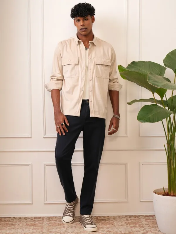  Locomotive Men Beige Checked Oversized Fit Casual Shirts