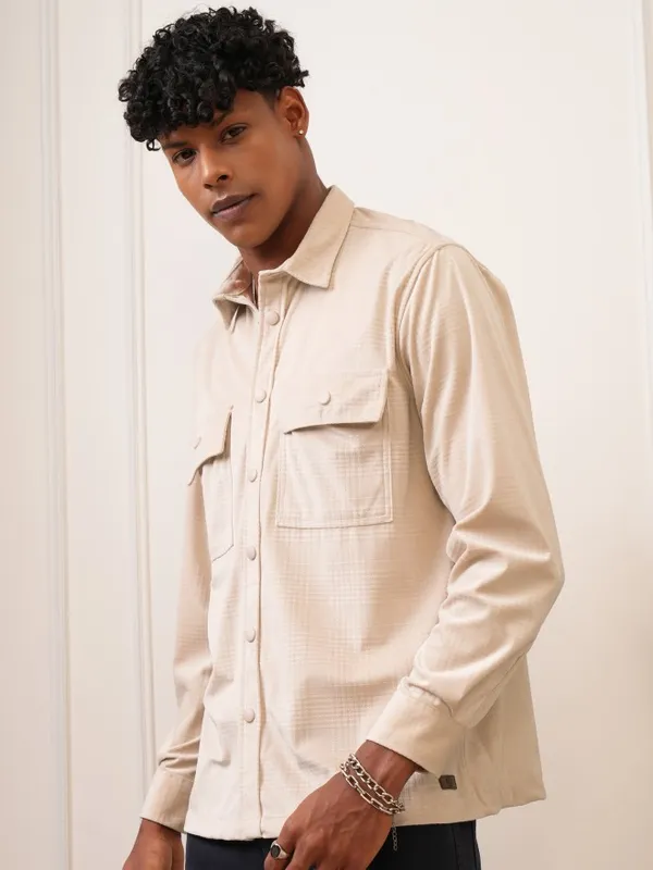  Locomotive Men Beige Checked Oversized Fit Casual Shirts