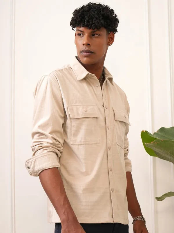  Locomotive Men Beige Checked Oversized Fit Casual Shirts