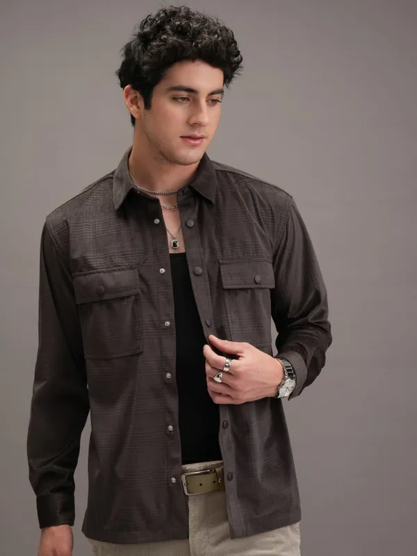  Locomotive Men Brown Self Design Oversized Fit Casual Shirts