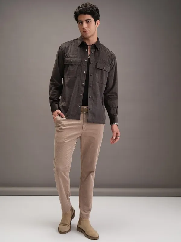  Locomotive Men Brown Self Design Oversized Fit Casual Shirts