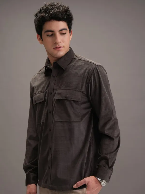  Locomotive Men Brown Self Design Oversized Fit Casual Shirts
