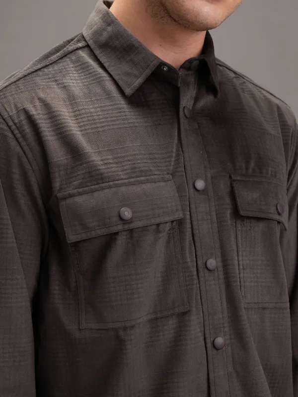  Locomotive Men Brown Self Design Oversized Fit Casual Shirts