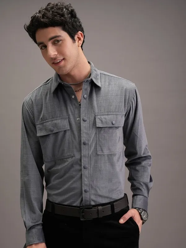 Locomotive Men Grey Textured Oversized Fit Casual Shirt