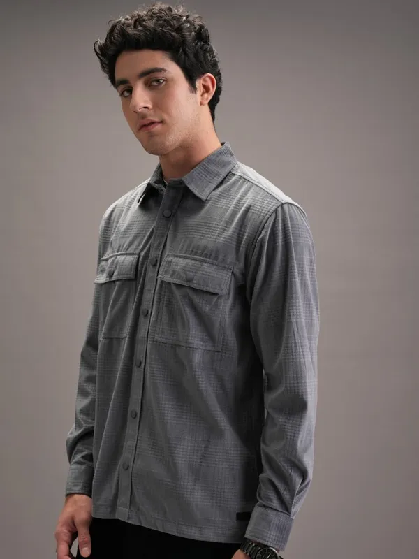 Locomotive Men Grey Textured Oversized Fit Casual Shirt