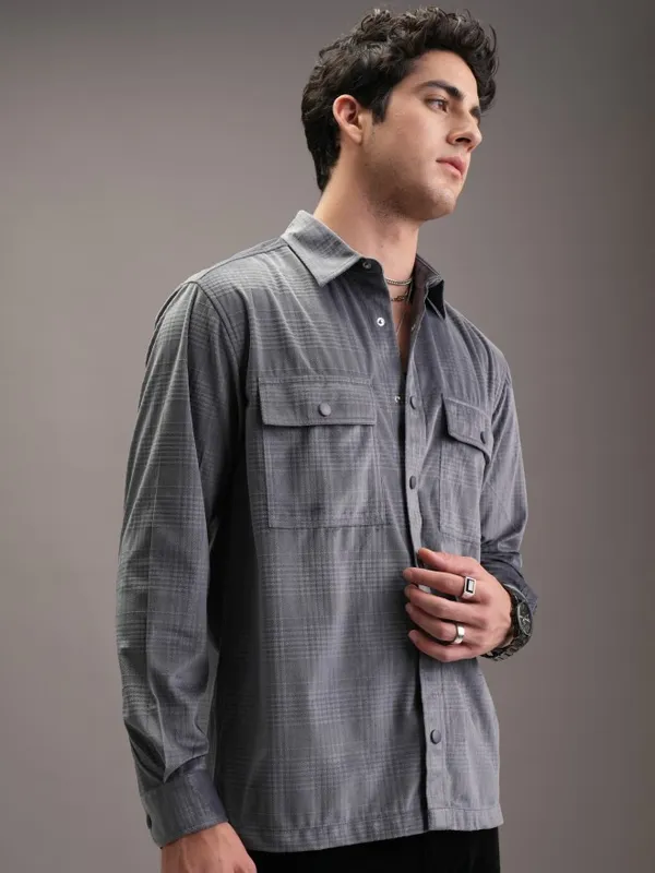 Locomotive Men Grey Textured Oversized Fit Casual Shirt