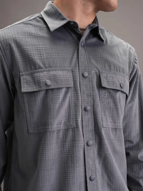 Locomotive Men Grey Textured Oversized Fit Casual Shirt