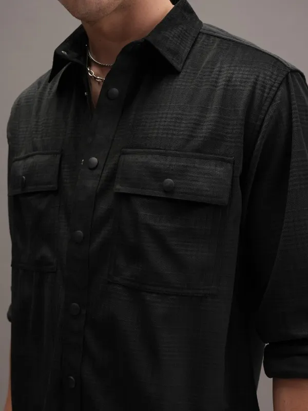  Locomotive Men Black Self Design Oversized Fit Casual Shirts