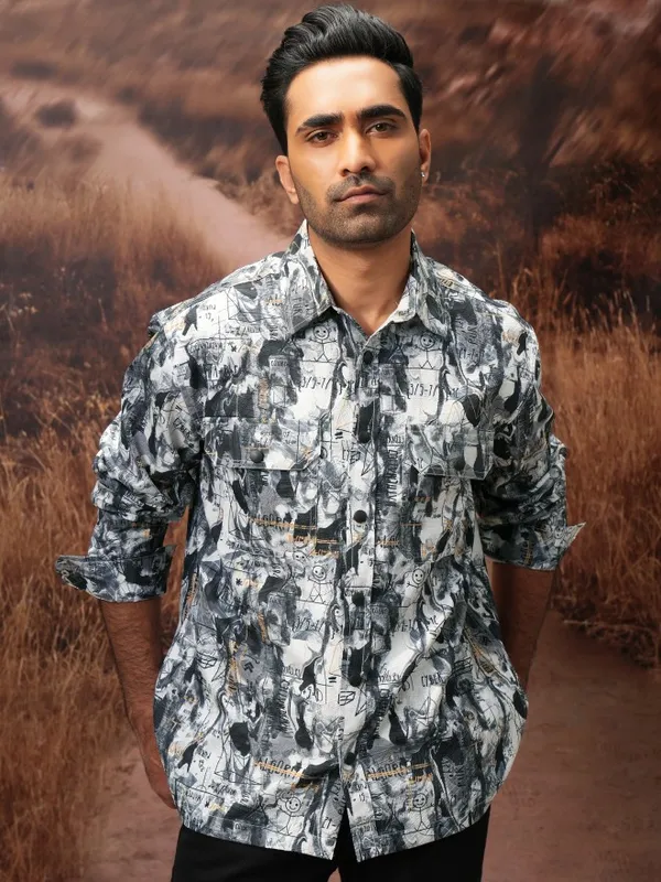  Locomotive Men Black Printed Oversized Fit Casual Shirts