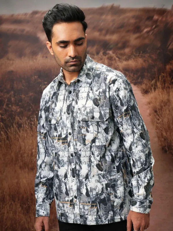  Locomotive Men Black Printed Oversized Fit Casual Shirts