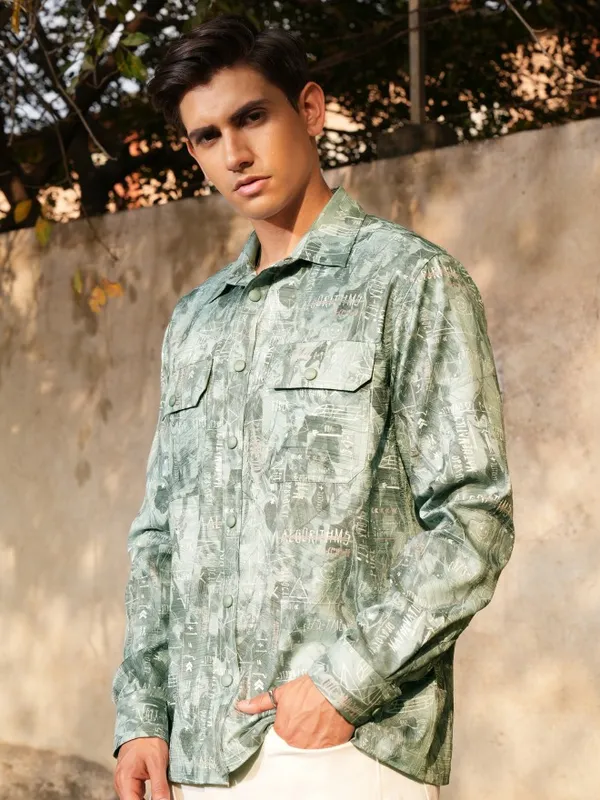  Locomotive Men Green Printed Oversized Fit Casual Shirts