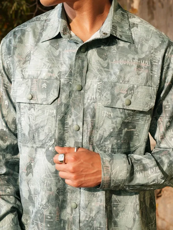  Locomotive Men Green Printed Oversized Fit Casual Shirts