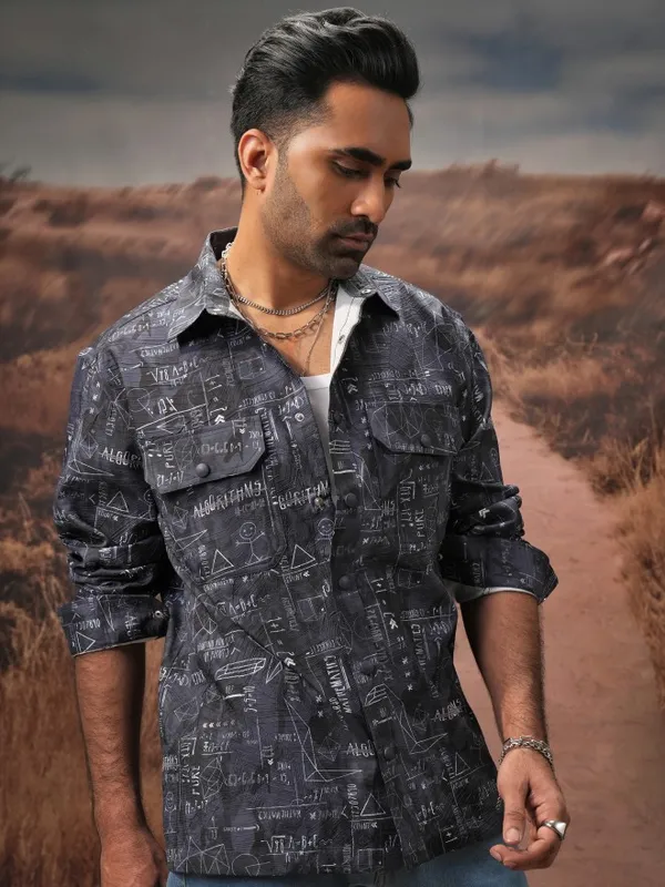  Locomotive Men Navy Blue Printed Oversized Fit Casual Shirts