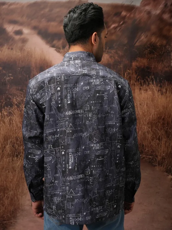  Locomotive Men Navy Blue Printed Oversized Fit Casual Shirts