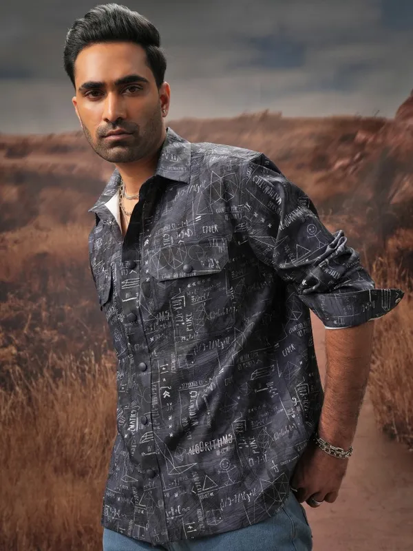  Locomotive Men Navy Blue Printed Oversized Fit Casual Shirts