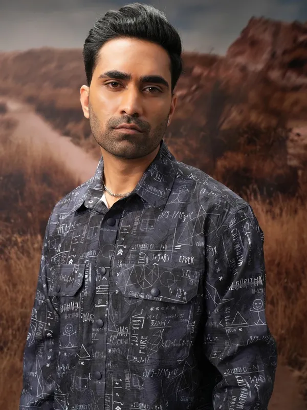  Locomotive Men Navy Blue Printed Oversized Fit Casual Shirts