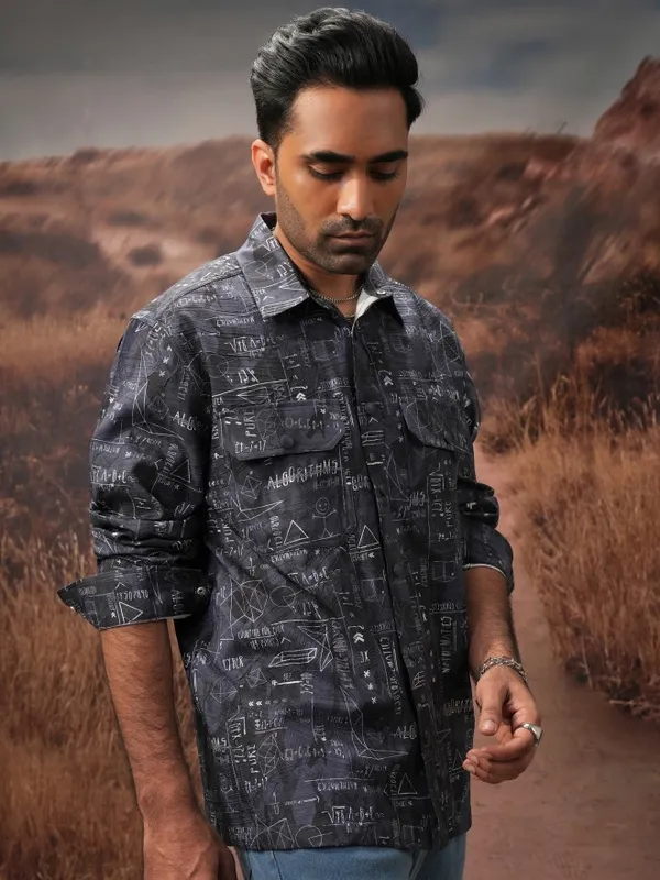  Locomotive Men Navy Blue Printed Oversized Fit Casual Shirts