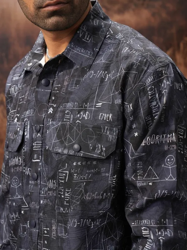  Locomotive Men Navy Blue Printed Oversized Fit Casual Shirts