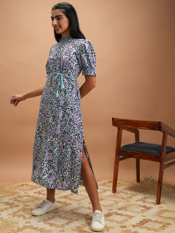 Vishudh Women Blue Printed A-Line Dress