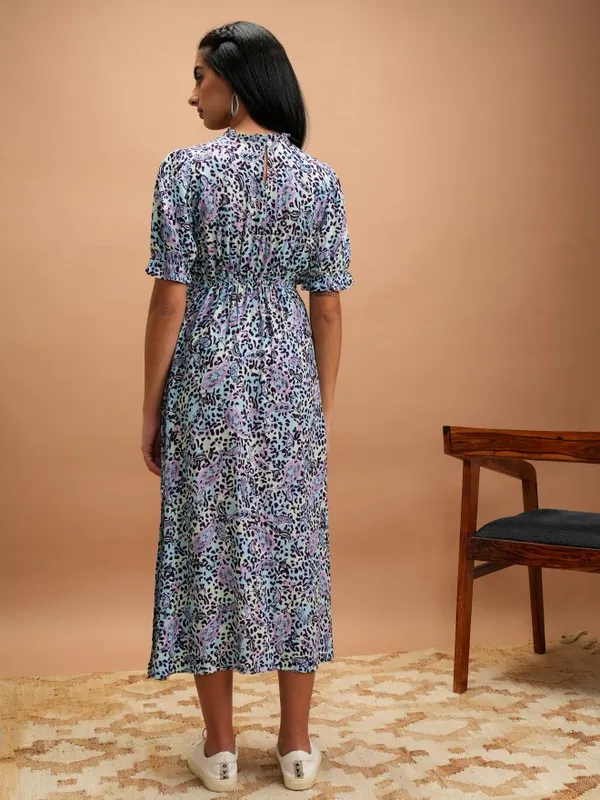 Vishudh Women Blue Printed A-Line Dress
