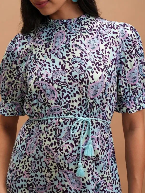 Vishudh Women Blue Printed A-Line Dress