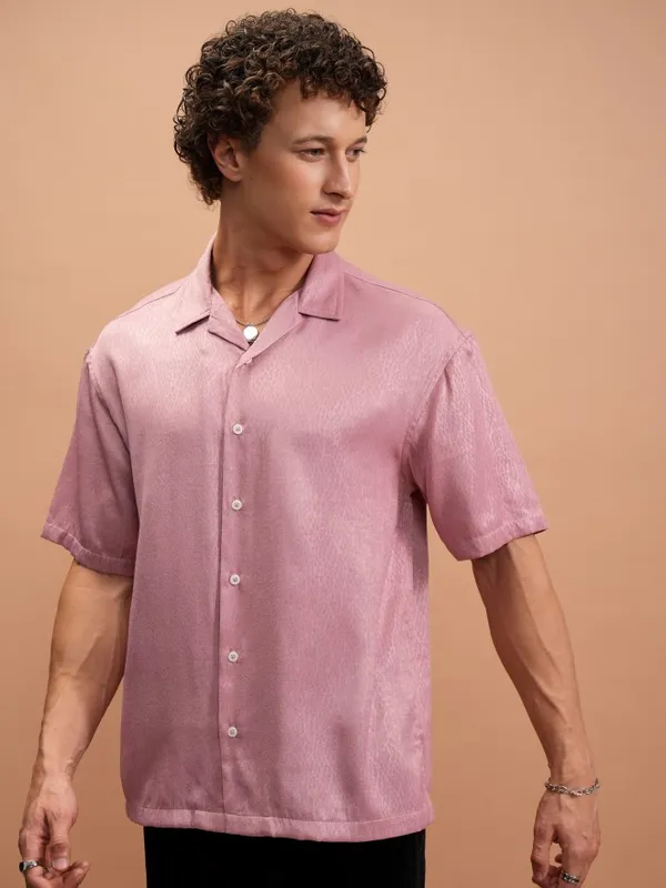  Highlander Men Pink Self Design Oversized Fit Casual Shirts