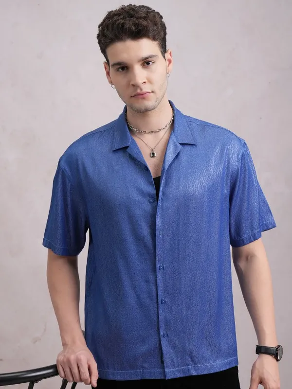  Highlander Men Blue Self Design Oversized Fit Casual Shirts
